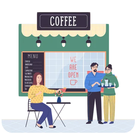 Young woman sits at table in cozy cafe  Illustration