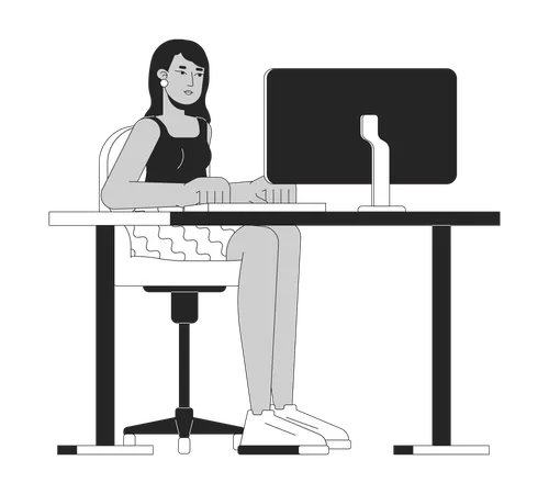 Young Woman Sitting At Computer Black And White 2 D Line Cartoon Character Indian Female Office Worker Isolated Vector Outline Person Cozy Corporate Workplace Monochromatic Flat Spot Illustration Illustration