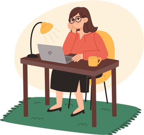 Young woman sitting at desk and working on laptop at home  Illustration