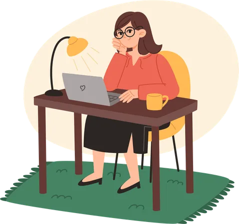 Young woman sitting at desk and working on laptop at home  Illustration