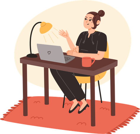 Young woman sitting at desk and working on laptop at home  Illustration