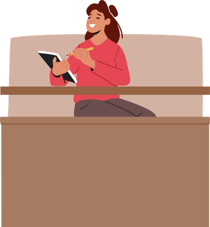 Young Woman Sitting at Desk with Write Notepad in University Hall Illustration