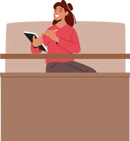Young Woman Sitting at Desk with Write Notepad in University Hall Illustration