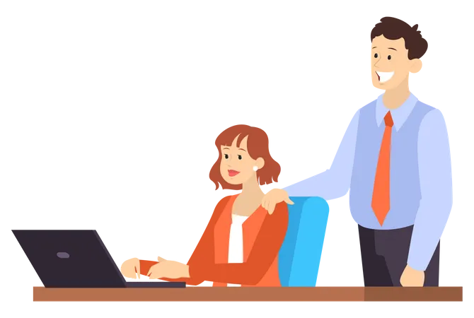 Young Woman Sitting At The Desk And Working On Computer Man Standing At The Worker Office Character Vector Illustration In Cartoon Style Isolated Illustration