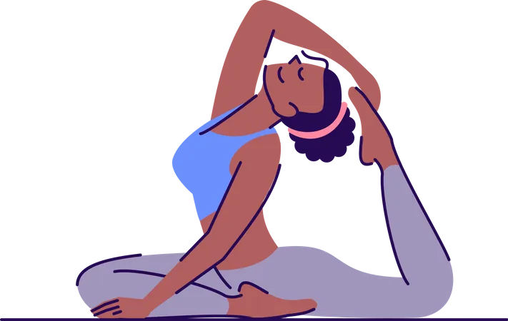 Girl Practicing Yoga Flat Vector Illustration Rajakapotasana Workout Young Woman Sitting In One Legged King Pigeon Pose Isolated Cartoon Character With Outline Elements On White Background イラスト