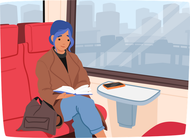 Young Woman Sitting In Train Carriage  イラスト