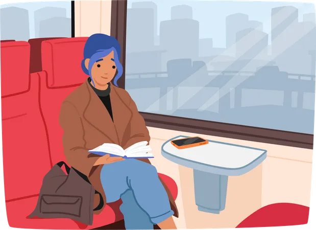 Young Woman Engrossed In A Book Sitting In A Train Carriage With Cityscape Background Blurs Into Motion Female Character Reading Promoting Relaxation Or Travel Content Cartoon Vector Illustration Illustration