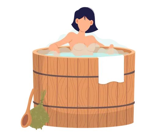Young Woman Sitting In Tub Bathhouse Or Banya At Home Isolated Cute Girl In Barrel Is Resting In Sauna Enjoys Spa Treatments Takes Care Of Health Wellness Spa Procedures In Wooden Water Barrel 일러스트레이션