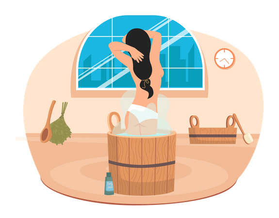 Young woman sitting in tub washing her body in sauna Illustration