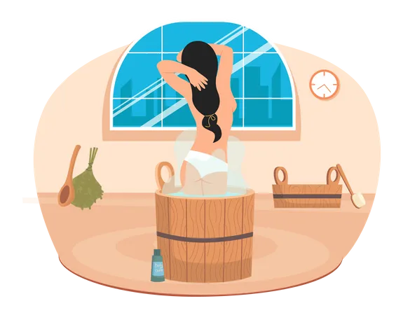 Young woman sitting in tub washing her body in sauna  Illustration