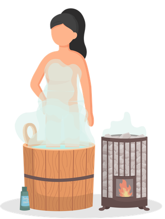 Young woman sitting in tub washing her body in sauna  Illustration