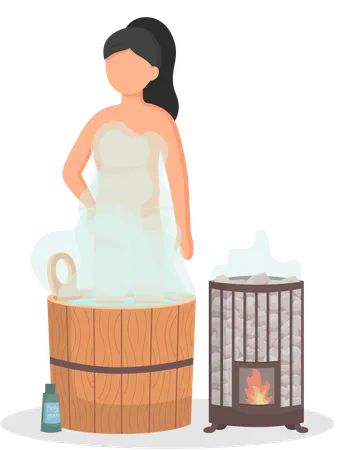 Young woman sitting in tub washing her body in sauna  Illustration