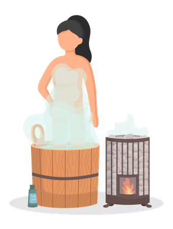 Young woman sitting in tub washing her body in sauna  Illustration