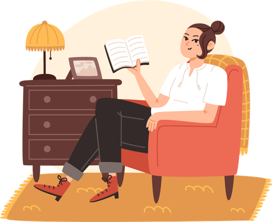 Young woman sitting on armchair and reading book at home  Illustration