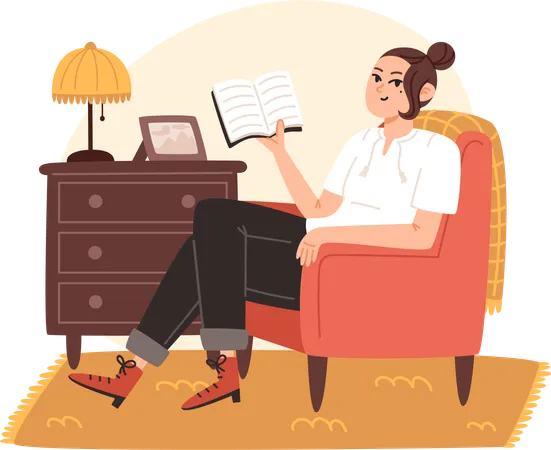 Young woman sitting on armchair and reading book at home  Illustration