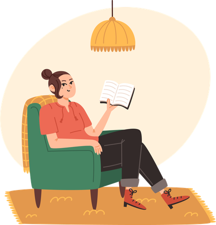 Young woman sitting on armchair and reading book at home  Illustration