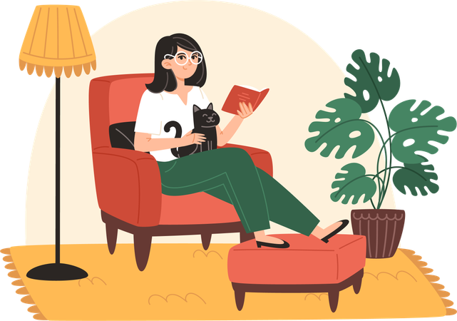 Young woman sitting on armchair with cat and reading book at home  Illustration