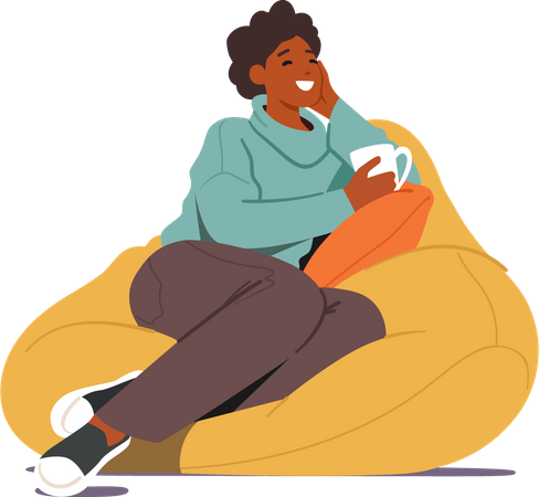 Young woman sitting on beanbag and drinking coffee Illustration
