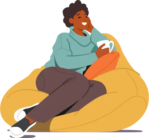 Young Woman Sitting On Bean Bag With Cup Of Tea Or Coffee In Hand At Home Female Character Visiting Friend Relaxing After Work Having Leisure Sparetime Drink Beverage Cartoon Vector Illustration イラスト