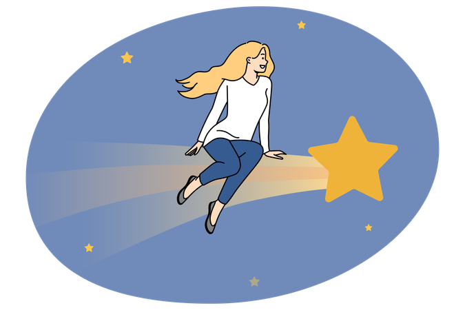 Young woman sitting on big star dreaming or thinking of future  Illustration