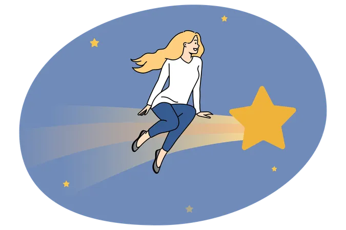Young woman sitting on big star dreaming or thinking of future  Illustration