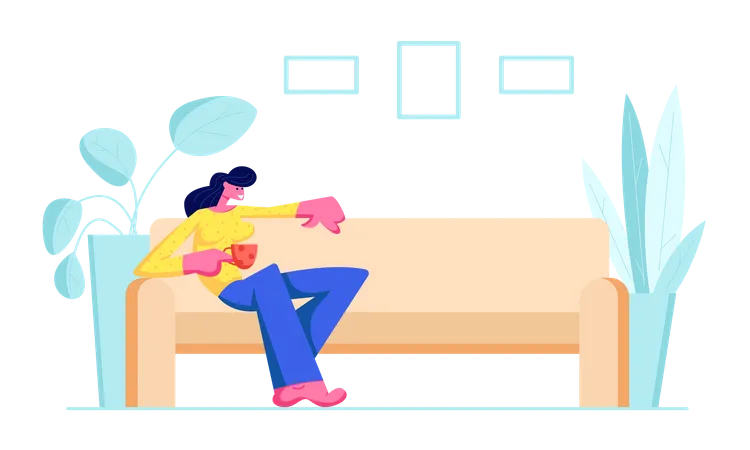 Young Woman Sitting On Comfortable Couch With Cup Of Tea Or Coffee In Hand At Home Female Character Visiting Friend Relaxing After Work Having Leisure Sparetime Cartoon Flat Vector Illustration Illustration