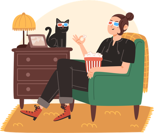 Young woman sitting on cozy armchair and and watching a movie at home  イラスト