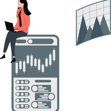 주식시장 앱을 이용해 거래를 하면서 모바일에 앉아 있는 젊은 여성  일러스트레이션