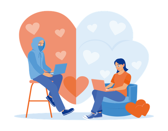 Young woman sitting on sofa inside house while doing Online dating with fake boyfriend  Illustration