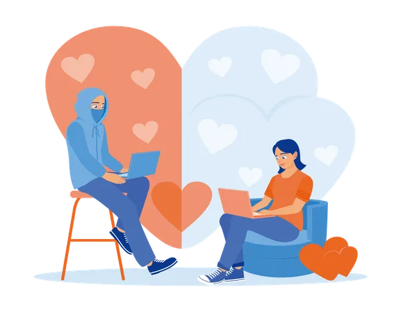 Young woman sitting on sofa inside house while doing Online dating with fake boyfriend  Illustration