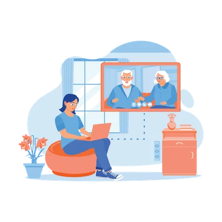 Young woman sitting on sofa inside house while Making online calls with her parents  Illustration