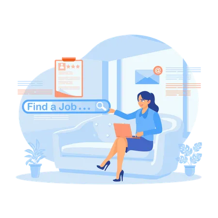 Young woman sitting on sofa Search for job vacancies on a laptop and send CV online  Illustration