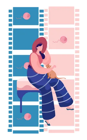 Young Woman Sitting On Sofa Petting Her Cat Funny Girl In A Hat Playing Her Domestic Animal Happy Female Cartoon Character With Her Pet On Film Strip Background Owner With Her Ginger Kitty Illustration