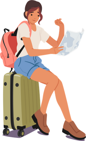 Young Woman Sitting On Suitcase Holding Map  Illustration