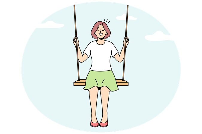 Young woman sitting on swing in clouds dreaming.  Illustration