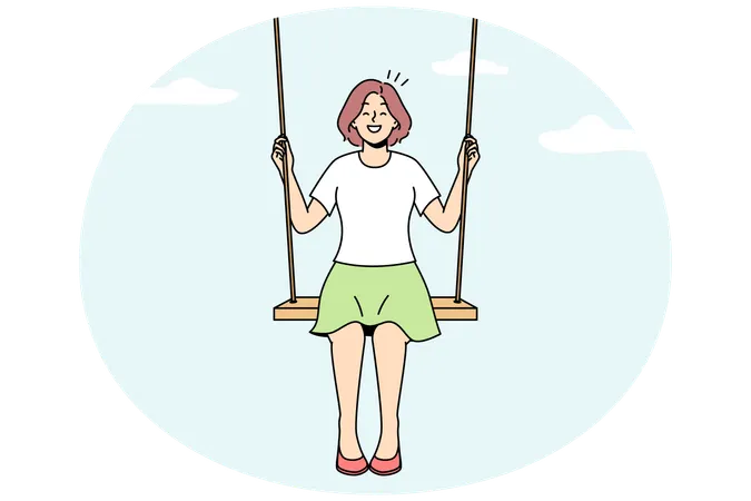 Young woman sitting on swing in clouds dreaming.  Illustration