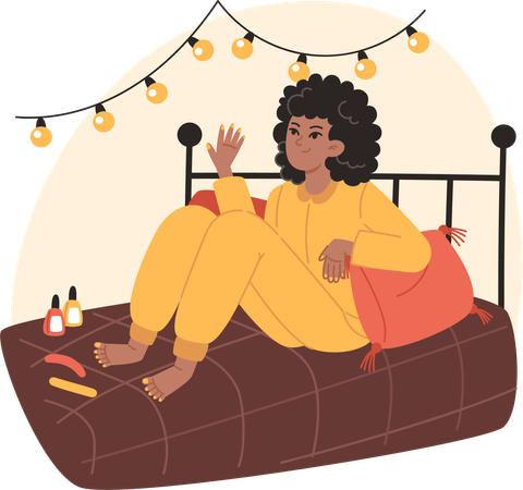 Young woman sitting on the bed and painting her nails  Illustration