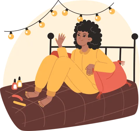 Young woman sitting on the bed and painting her nails  Illustration