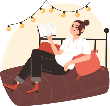 Young woman sitting on the bed and reading book at home  Illustration