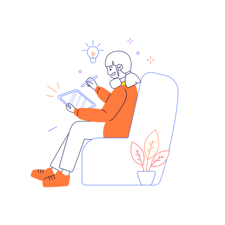 Young woman sitting with iPad having great idea Illustration