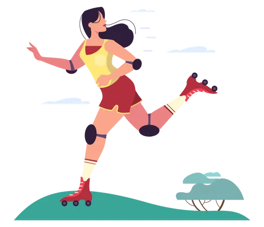Young Woman Skating In The Park Woman With A Roller Skates And Equipment Sport Action Outdoor Healthy Lifestyle Concept Isolated Vector Illustration Illustration