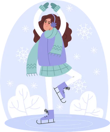 Young Woman Skating In Winter Flat Style Illustration Illustration