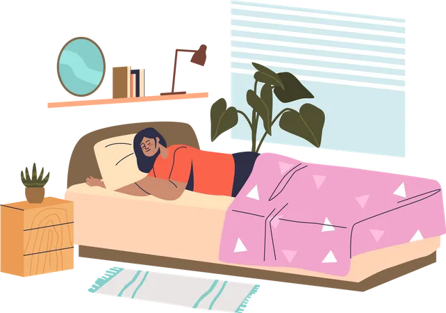 Young woman sleep in bed in bedroom tired deep dreaming at night  Illustration