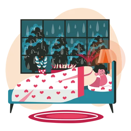 Young woman sleeping on bed  イラスト