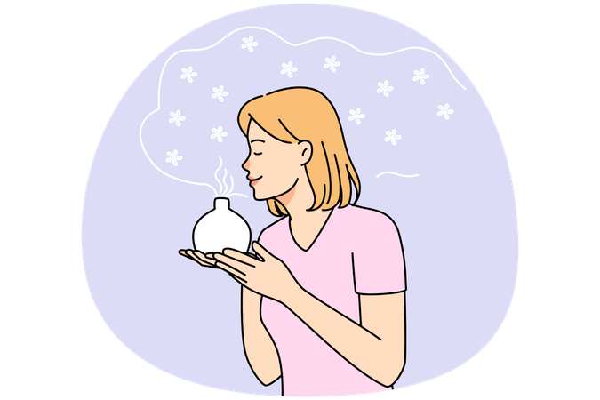 Young woman smell fragrance from aromatherapy diffuser  Illustration