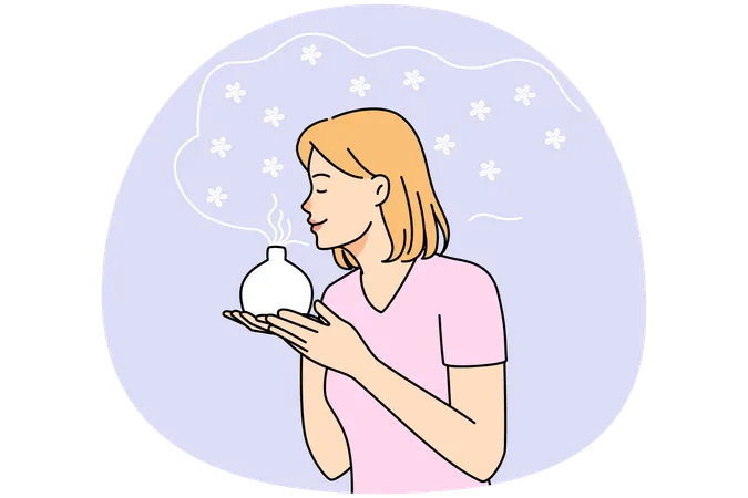 Young woman smell fragrance from aromatherapy diffuser  Illustration