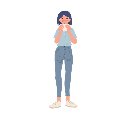 Young Woman Sneezing With Tissue Paper  Illustration