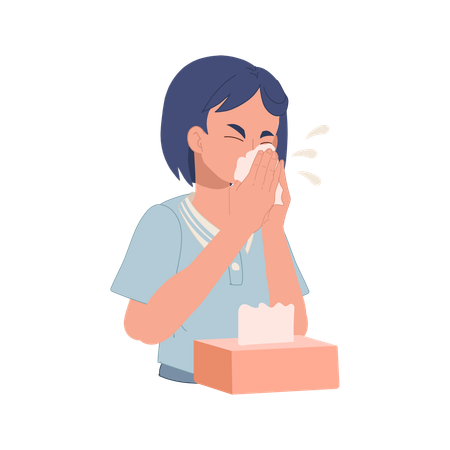 Young Woman Sneezing With Tissue Paper Box  Illustration
