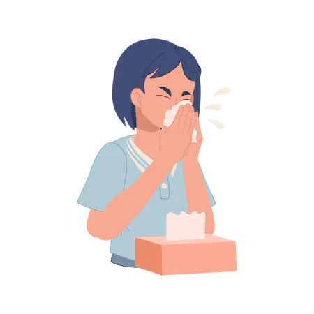 Young Woman Sneezing With Tissue Paper Box  Illustration