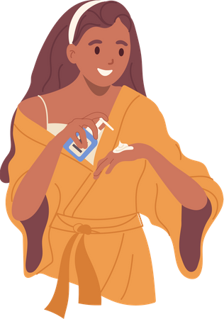 Young woman squeezing hand cream from bottle with dispenser for moisturizing skin  Illustration
